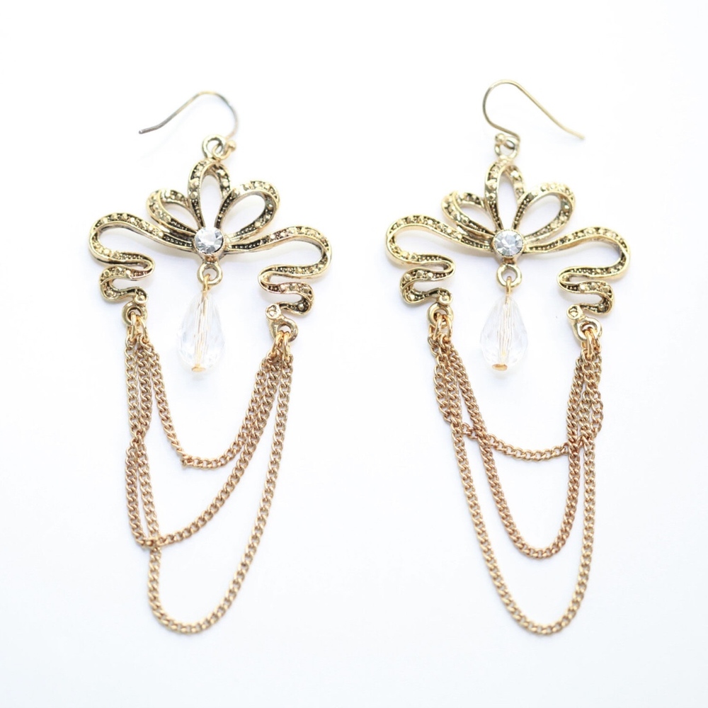 BANANA REPUBLIC Gold Bow Jewel Chain Dangle Earrin